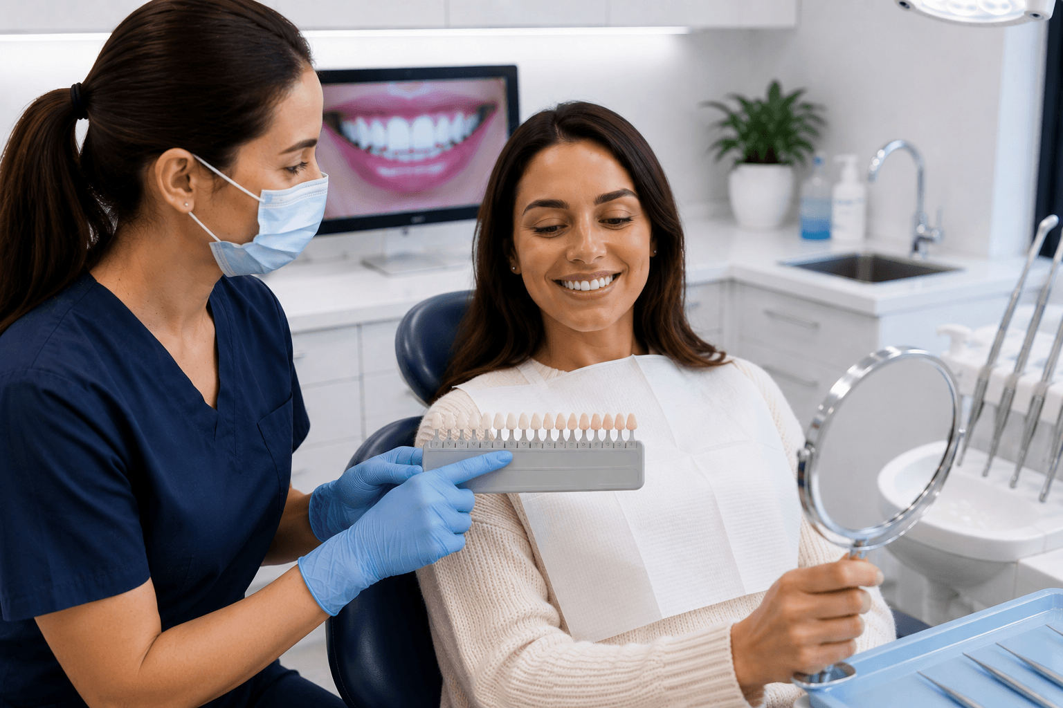 Dental professional discussing a Teeth Whitening refresh appointment with a patient